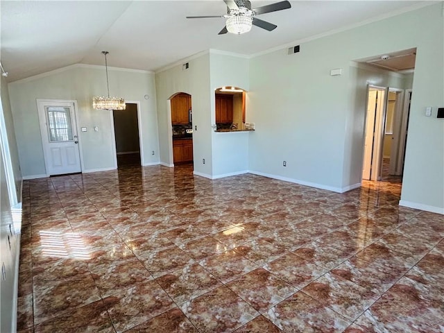 unfurnished living room featuring visible vents, baseboards, vaulted ceiling, ceiling fan with notable chandelier, and arched walkways