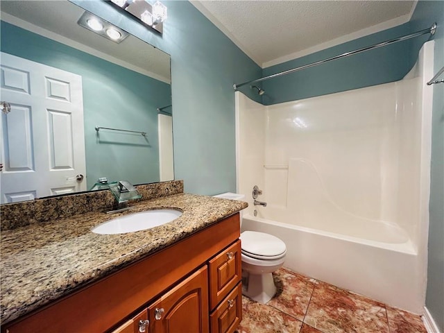 bathroom featuring vanity,  shower combination, tile patterned flooring, a textured ceiling, and toilet