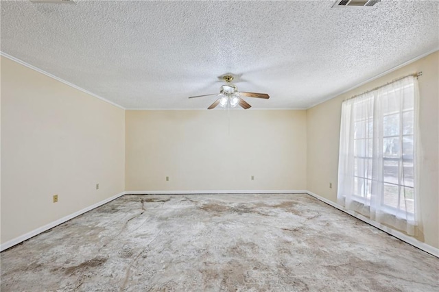 spare room with carpet flooring, baseboards, ceiling fan, and ornamental molding