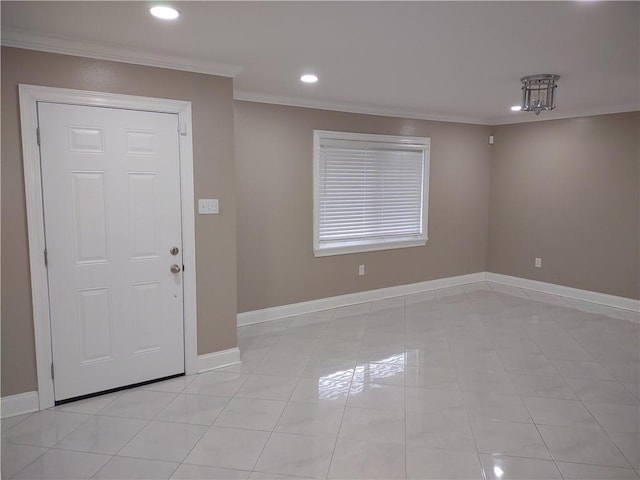 entryway with light tile patterned floors, recessed lighting, crown molding, and baseboards