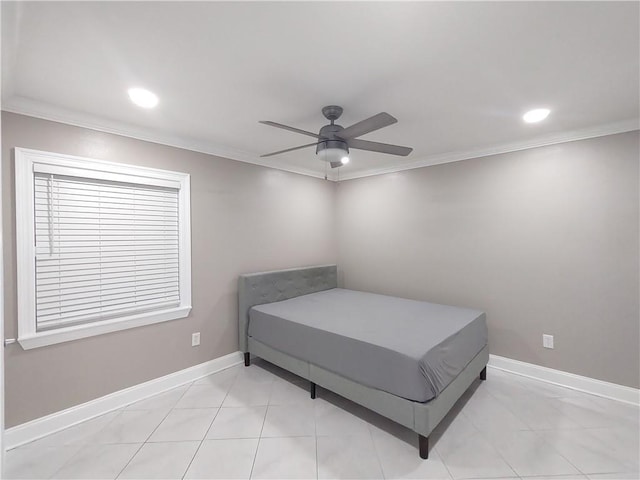 bedroom with ceiling fan, baseboards, and ornamental molding