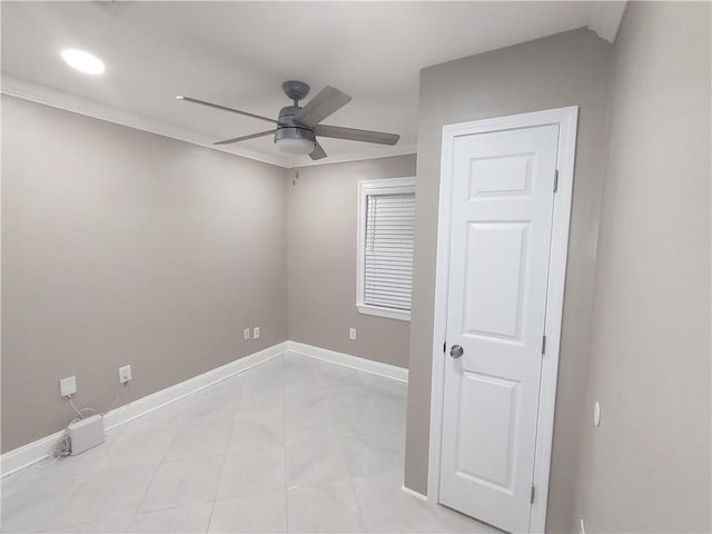 unfurnished room with light tile patterned floors, recessed lighting, baseboards, and a ceiling fan