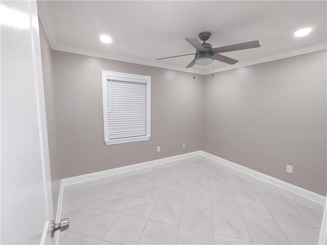 unfurnished room featuring recessed lighting, a ceiling fan, baseboards, and ornamental molding