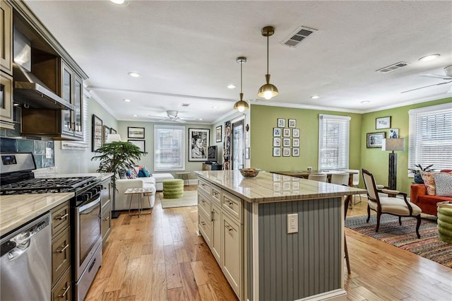 kitchen with a wealth of natural light, visible vents, appliances with stainless steel finishes, and ceiling fan