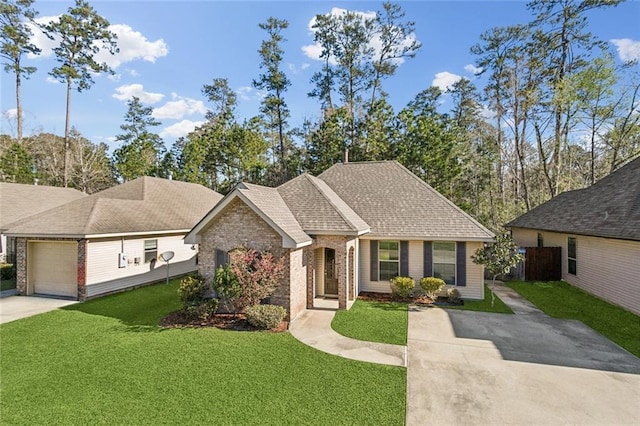 ranch-style house featuring a front lawn, a garage, brick siding, and driveway