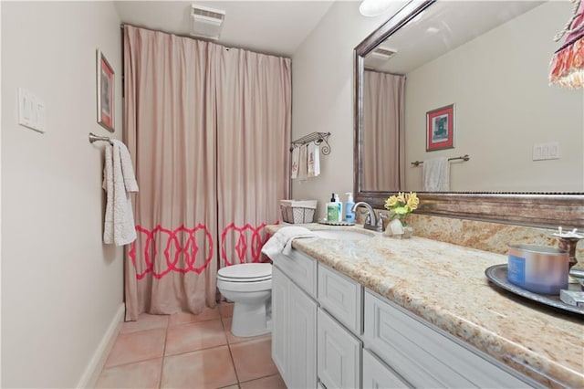 full bath with tile patterned floors, visible vents, toilet, baseboards, and vanity