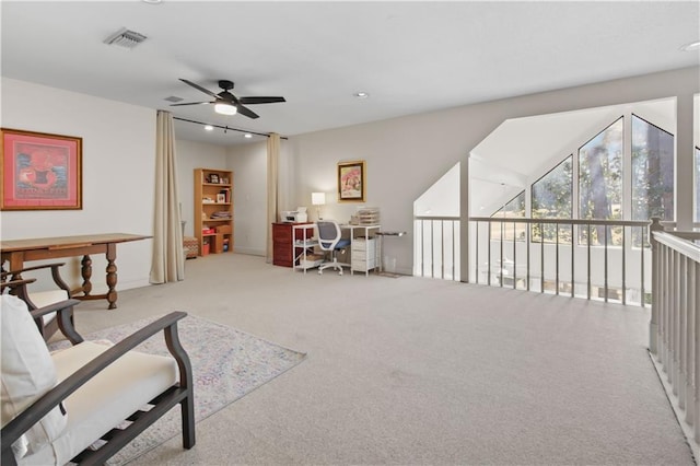 office featuring visible vents, recessed lighting, a ceiling fan, and carpet floors