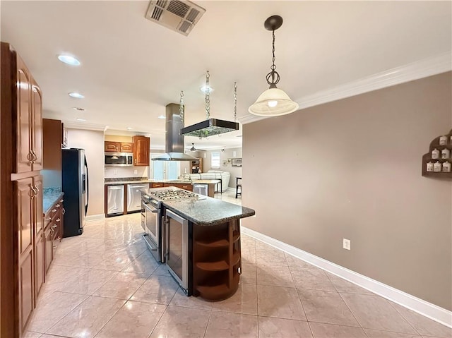 kitchen with visible vents, open shelves, stainless steel appliances, crown molding, and island range hood