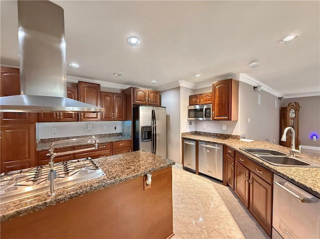 kitchen with crown molding, island range hood, appliances with stainless steel finishes, and a sink