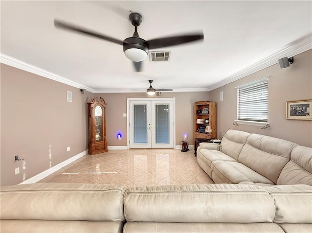 living room with visible vents, french doors, crown molding, and baseboards