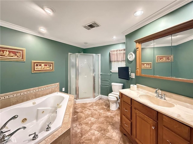 bathroom with visible vents, toilet, a stall shower, ornamental molding, and vanity