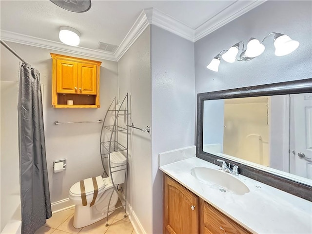 bathroom featuring vanity, curtained shower, crown molding, toilet, and tile patterned floors