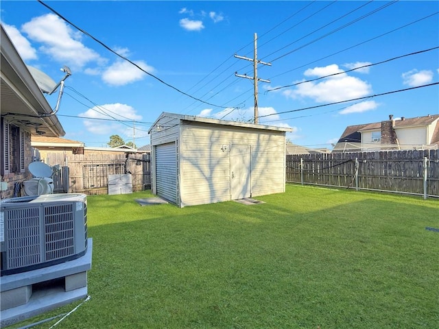 view of shed featuring central AC unit and a fenced backyard