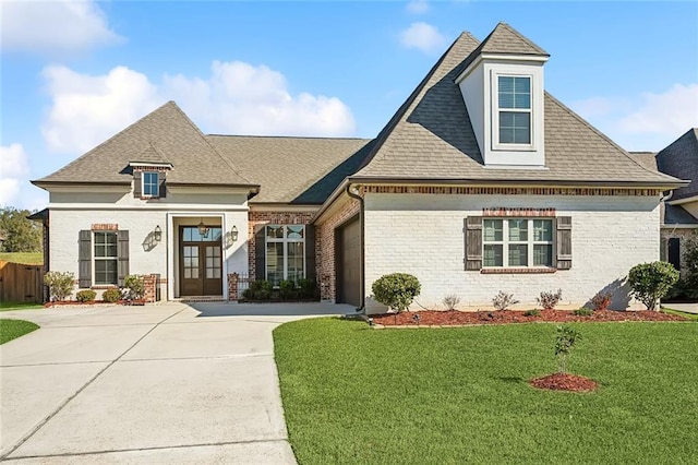 french provincial home featuring brick siding, a front yard, roof with shingles, french doors, and driveway