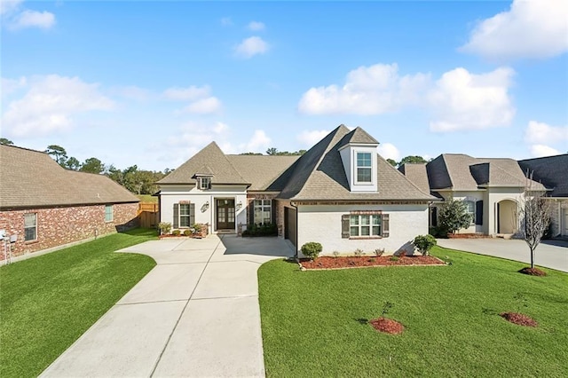 view of front of house with concrete driveway, brick siding, and a front yard