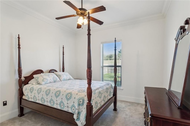 bedroom featuring a ceiling fan, crown molding, light colored carpet, and baseboards