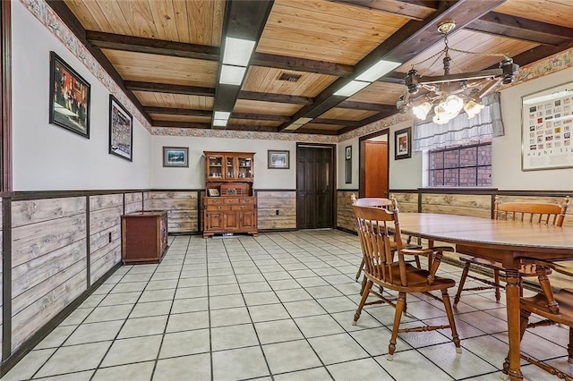 dining space with visible vents, beam ceiling, light tile patterned flooring, wainscoting, and wooden ceiling