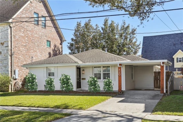 view of front of home featuring stucco siding, a front lawn, concrete driveway, a shingled roof, and a carport