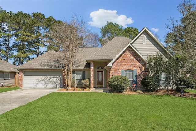 view of front of home featuring brick siding, concrete driveway, a front yard, roof with shingles, and an attached garage