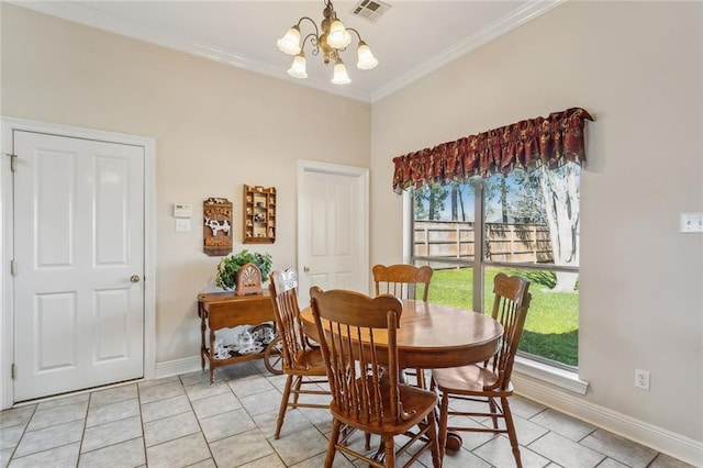 dining room with visible vents, a notable chandelier, light tile patterned flooring, crown molding, and baseboards