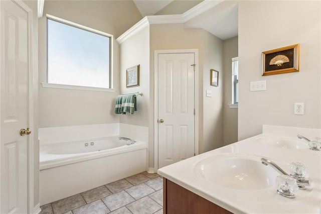 full bathroom featuring tile patterned flooring, double vanity, a garden tub, and a sink