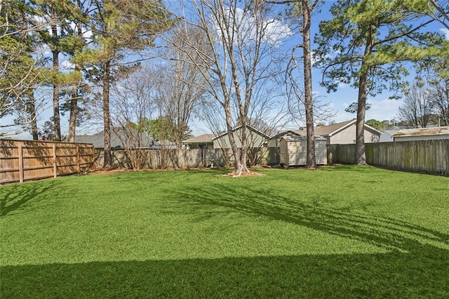 view of yard featuring a storage unit, a fenced backyard, and an outdoor structure