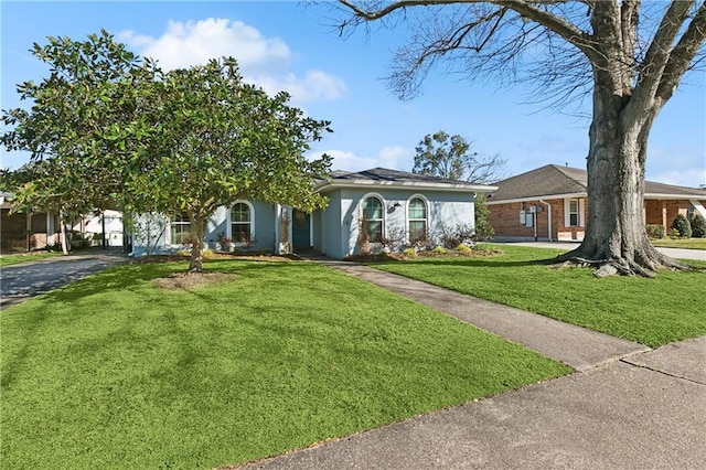 view of front of home featuring stucco siding, driveway, and a front yard