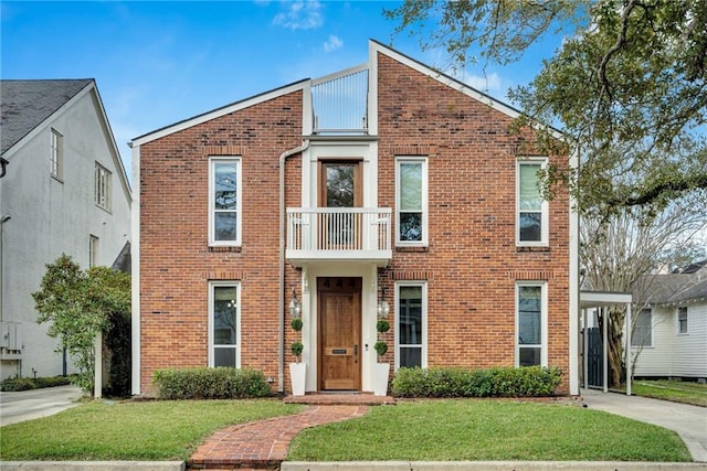 view of front of house featuring driveway, brick siding, a balcony, and a front lawn