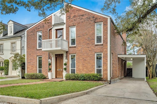 view of front facade featuring brick siding, concrete driveway, and a front lawn