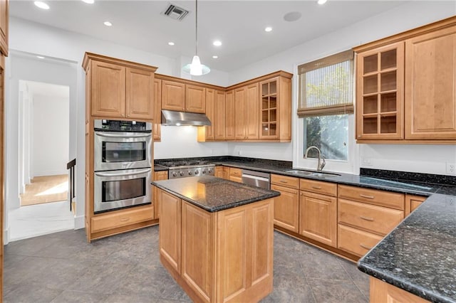 kitchen featuring visible vents, under cabinet range hood, a sink, a kitchen island, and stainless steel appliances