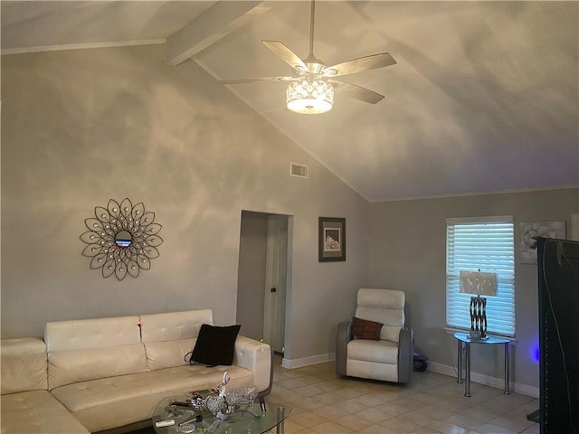 living room featuring visible vents, ceiling fan, baseboards, beam ceiling, and light tile patterned flooring