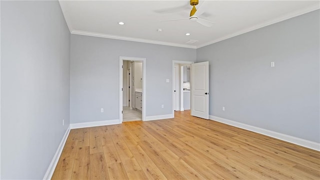 unfurnished bedroom with crown molding, baseboards, recessed lighting, light wood-style flooring, and ensuite bath