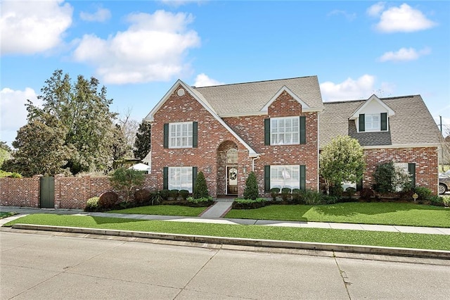 view of front facade with a front yard, fence, brick siding, and a shingled roof