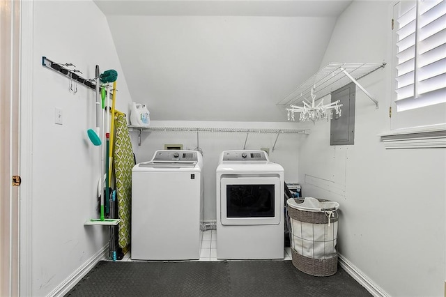 laundry room featuring electric panel, baseboards, washing machine and dryer, and laundry area