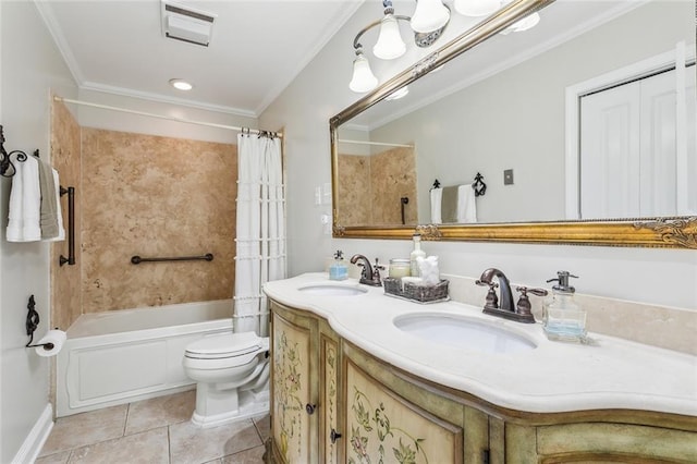 full bath featuring ornamental molding, toilet, tile patterned floors, and a sink