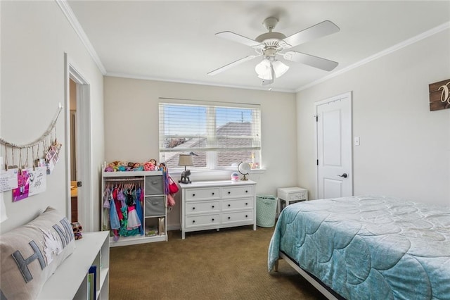 bedroom featuring ceiling fan, dark colored carpet, and ornamental molding