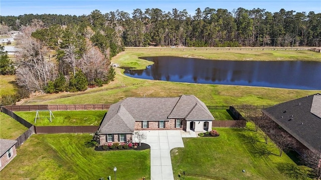 aerial view featuring a water view