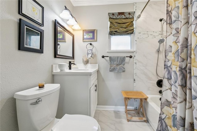 bathroom with baseboards, toilet, shower / bath combo, marble finish floor, and vanity