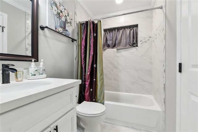 bathroom with toilet, marble finish floor, shower / tub combo with curtain, crown molding, and vanity