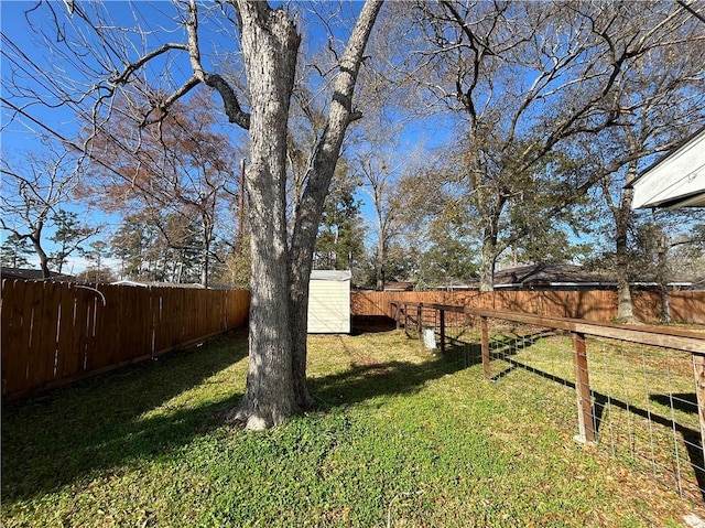 view of yard with a storage shed, an outbuilding, and a fenced backyard