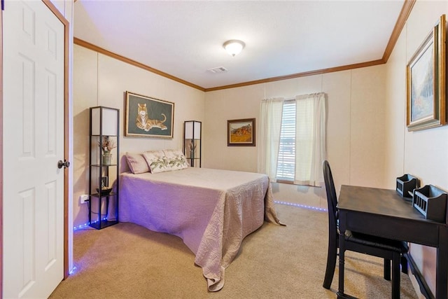 bedroom featuring ornamental molding, visible vents, and light carpet