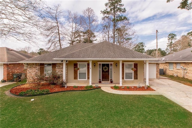 single story home featuring stucco siding, a front lawn, roof with shingles, concrete driveway, and a garage