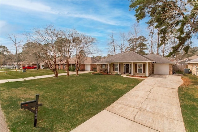 ranch-style house featuring brick siding, concrete driveway, central AC, a front yard, and a garage