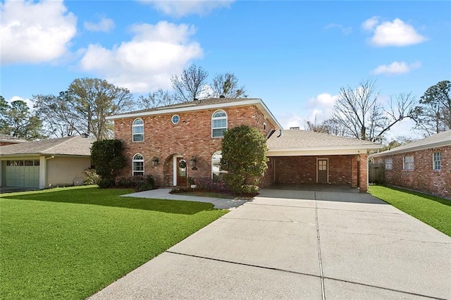 view of front facade with a front lawn, an attached garage, brick siding, and concrete driveway