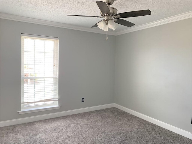 empty room featuring crown molding, carpet flooring, baseboards, and a textured ceiling