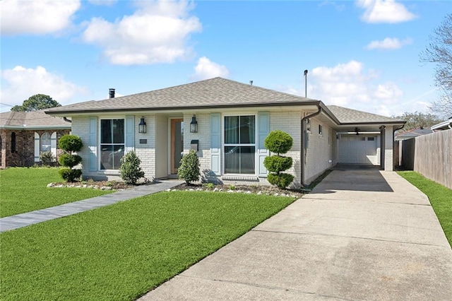 view of front of property with driveway, a front lawn, roof with shingles, an attached garage, and brick siding