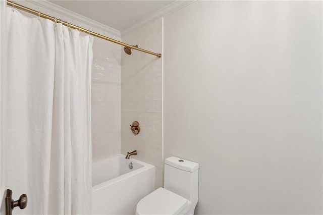 full bathroom with shower / bathtub combination with curtain, toilet, and ornamental molding