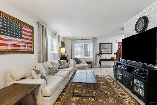 tiled living area with crown molding