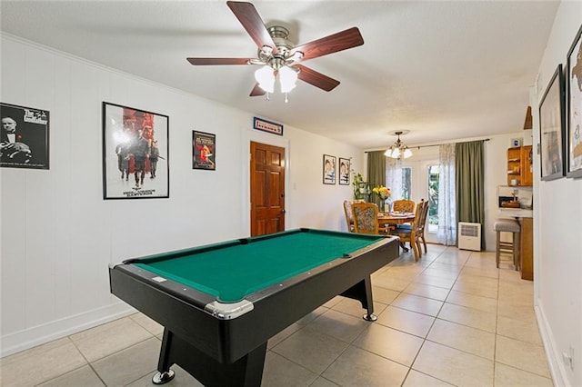 playroom featuring ceiling fan, baseboards, light tile patterned flooring, and billiards