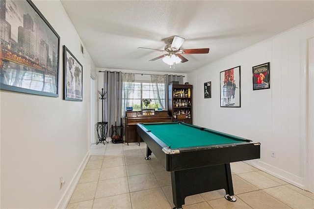 game room featuring light tile patterned floors, pool table, baseboards, and a ceiling fan